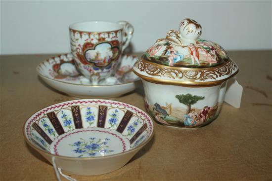 Late Meissen cabinet cup and saucer, a Sevres saucer & a Capodimonte quatrefoil box & cover